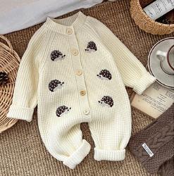 1PC   Newborn Baby Rompers Cartoon Hedgehog Embroidery Long Sleeved Knitted Jumpsuit Autumn Baby Sweater Outerwear