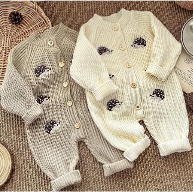 1PC   Newborn Baby Rompers Cartoon Hedgehog Embroidery Long Sleeved Knitted Jumpsuit Autumn Baby Sweater Outerwear