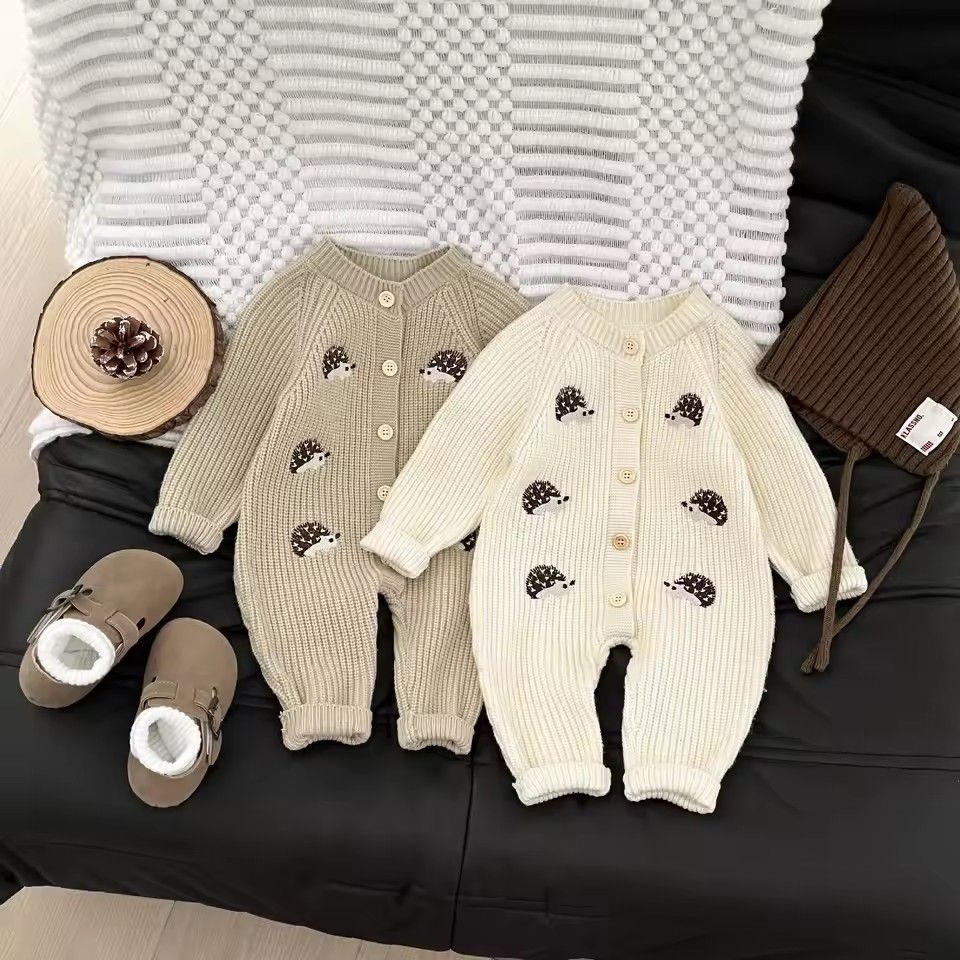 1PC   Newborn Baby Rompers Cartoon Hedgehog Embroidery Long Sleeved Knitted Jumpsuit Autumn Baby Sweater Outerwear