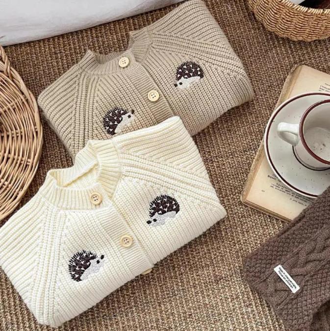 1PC   Newborn Baby Rompers Cartoon Hedgehog Embroidery Long Sleeved Knitted Jumpsuit Autumn Baby Sweater Outerwear