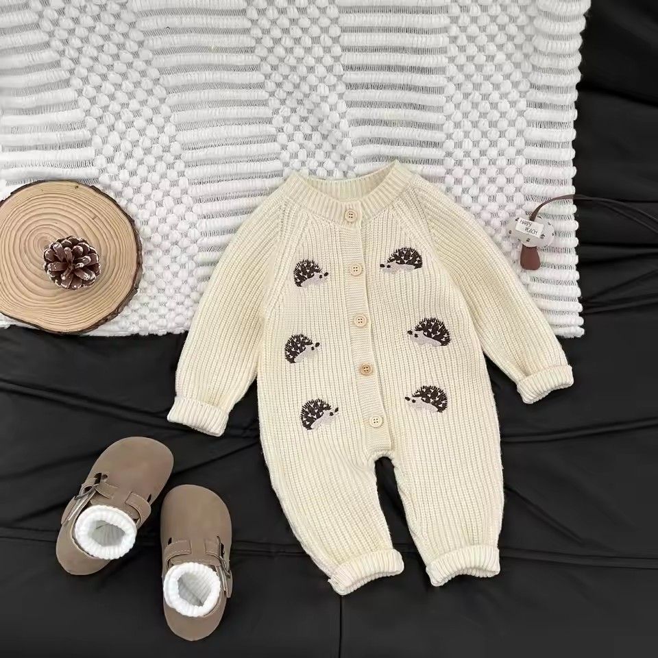 1PC   Newborn Baby Rompers Cartoon Hedgehog Embroidery Long Sleeved Knitted Jumpsuit Autumn Baby Sweater Outerwear