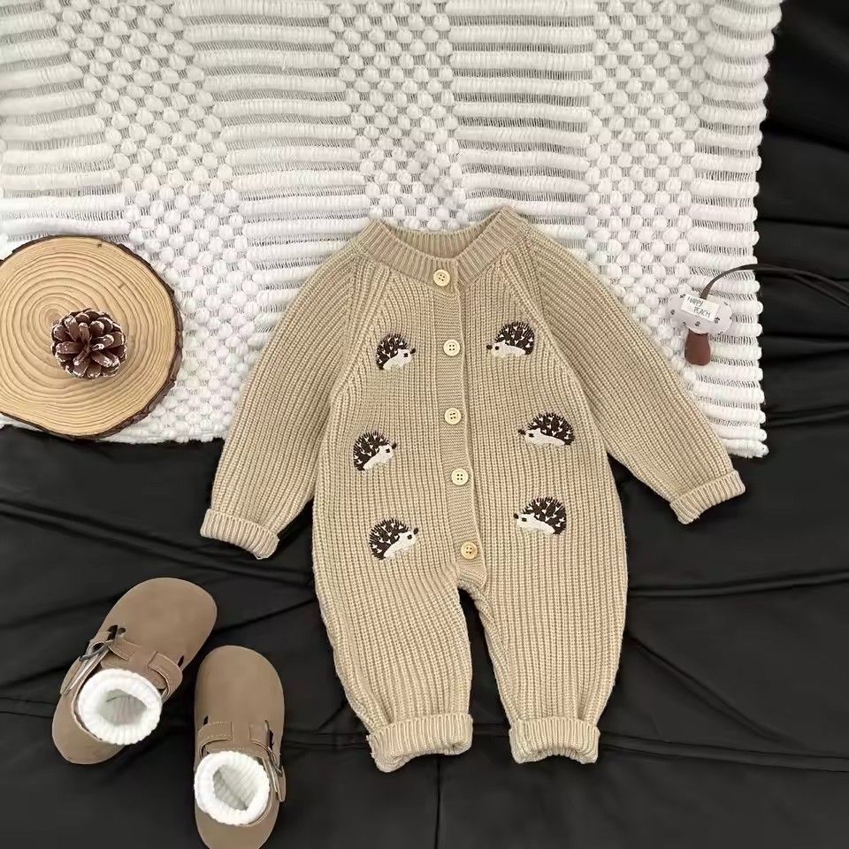 1PC   Newborn Baby Rompers Cartoon Hedgehog Embroidery Long Sleeved Knitted Jumpsuit Autumn Baby Sweater Outerwear