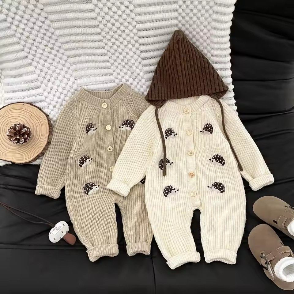 1PC   Newborn Baby Rompers Cartoon Hedgehog Embroidery Long Sleeved Knitted Jumpsuit Autumn Baby Sweater Outerwear