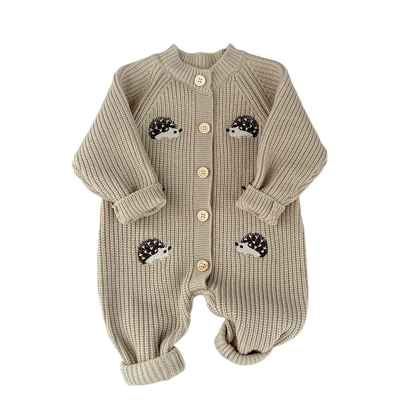 1PC   Newborn Baby Rompers Cartoon Hedgehog Embroidery Long Sleeved Knitted Jumpsuit Autumn Baby Sweater Outerwear
