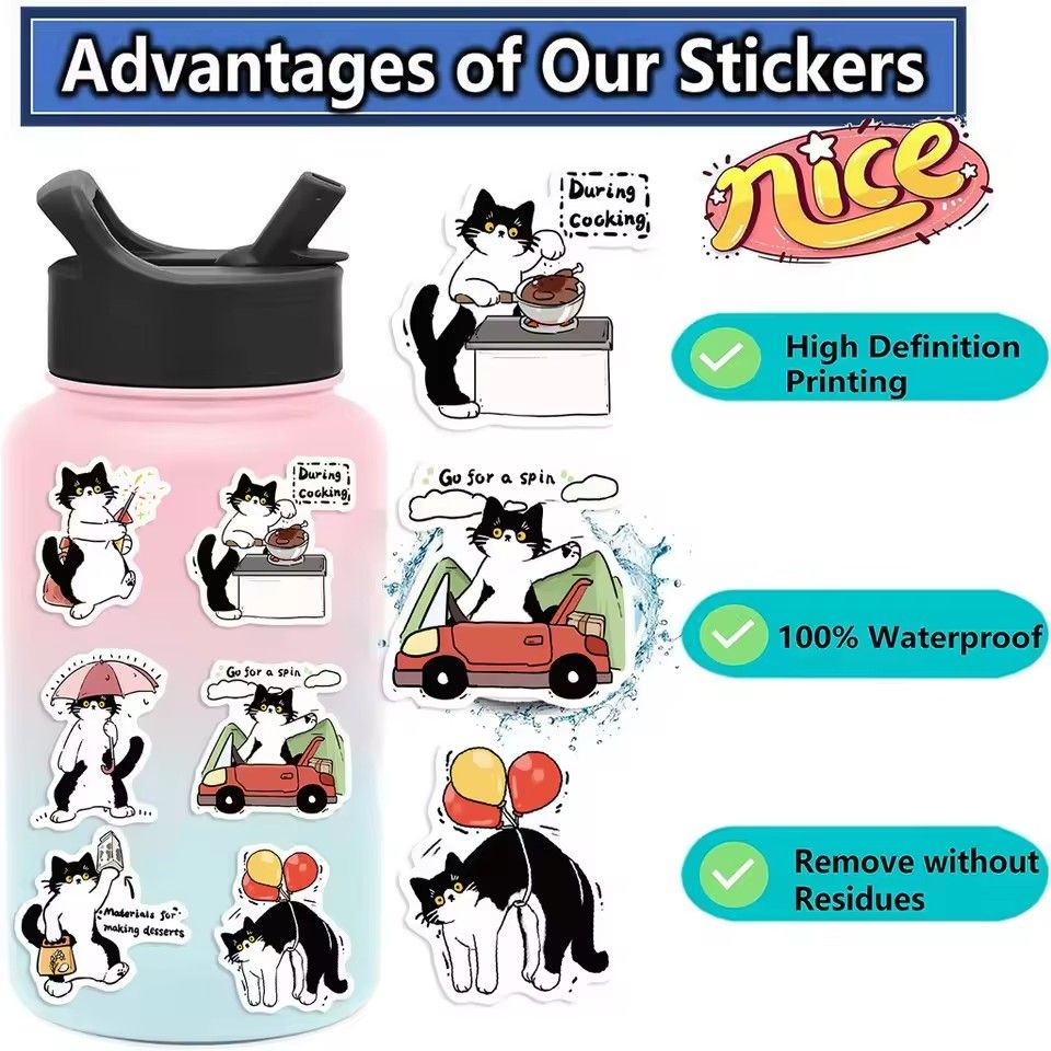 50Pcs Cute Tuxedo Cat Animals Cartoon Graffiti Stickers Phone Guitar Laptop Notebook Suitcase Cup Waterproof Sticker Kids Toy