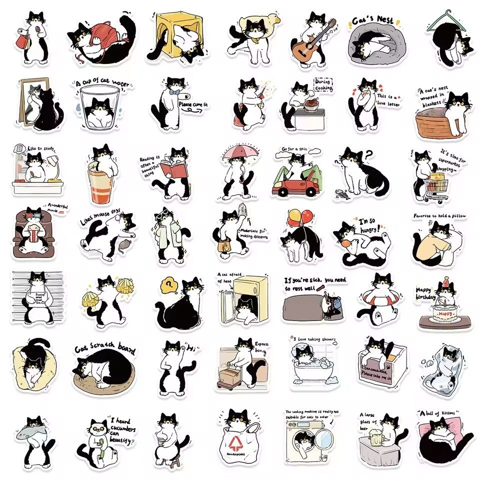 50Pcs Cute Tuxedo Cat Animals Cartoon Graffiti Stickers Phone Guitar Laptop Notebook Suitcase Cup Waterproof Sticker Kids Toy