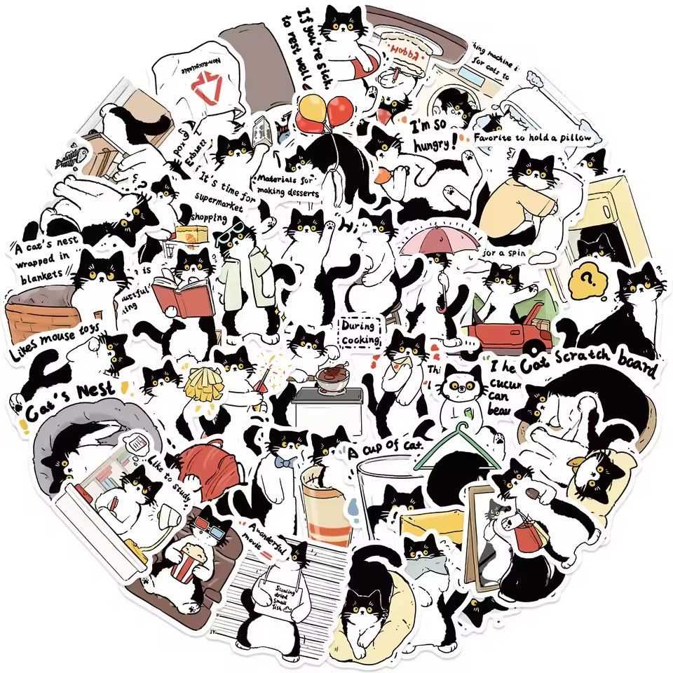 50Pcs Cute Tuxedo Cat Animals Cartoon Graffiti Stickers Phone Guitar Laptop Notebook Suitcase Cup Waterproof Sticker Kids Toy