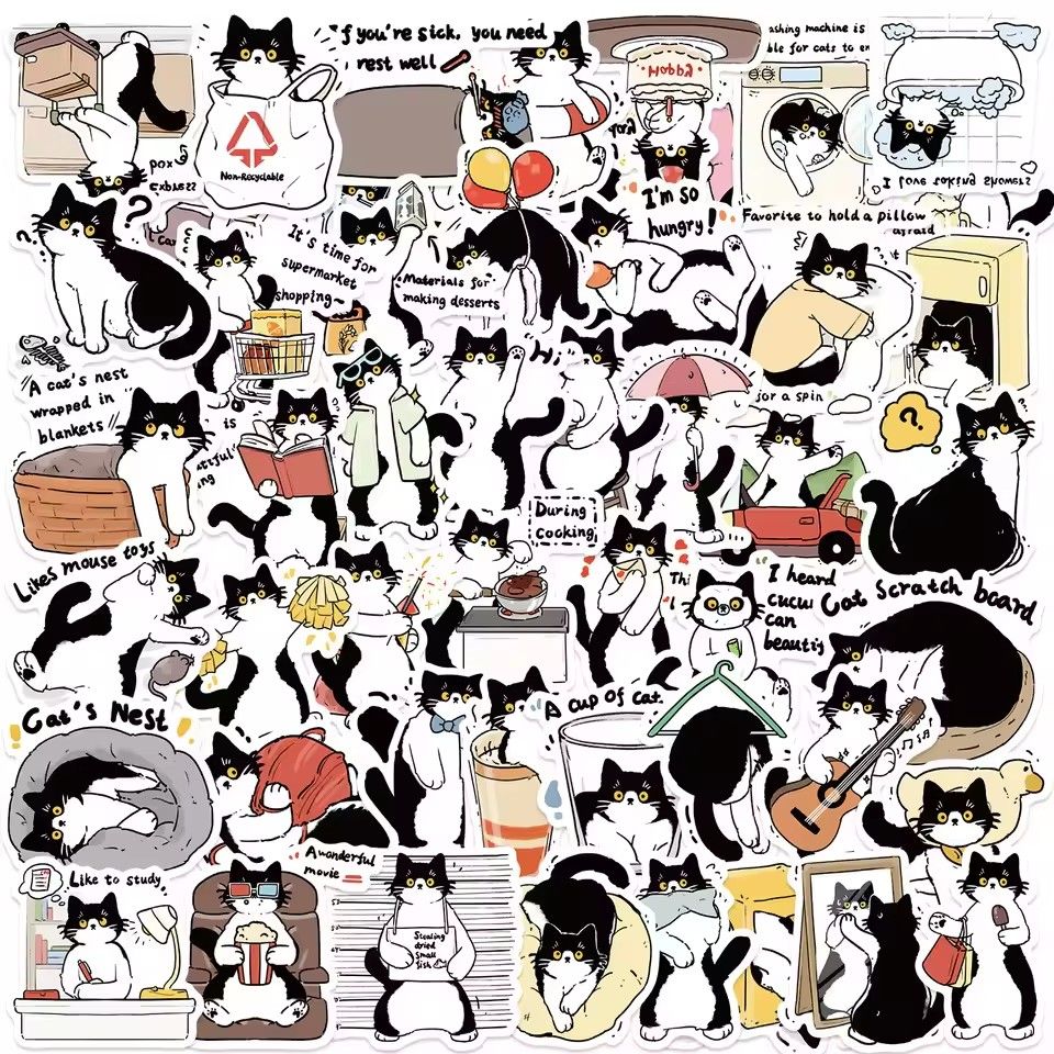 50Pcs Cute Tuxedo Cat Animals Cartoon Graffiti Stickers Phone Guitar Laptop Notebook Suitcase Cup Waterproof Sticker Kids Toy