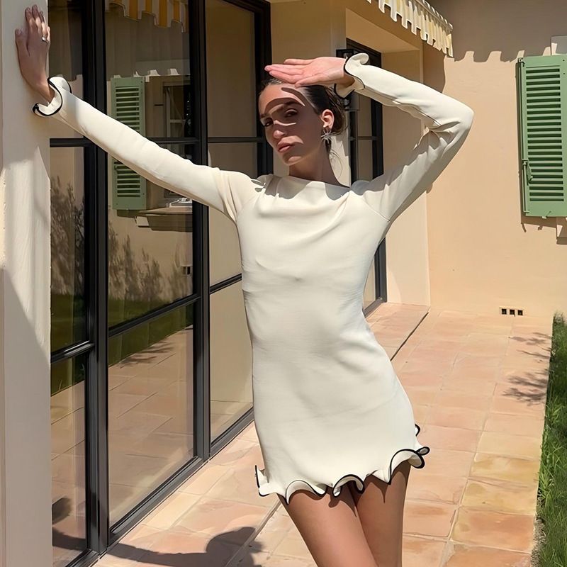 1PC New Knitted Ruffle High Waist Mini Dress Women's Sexy Slim Long Sleeve Short Skirt Bodycon Dress Fall Luxury Crochet Clothes