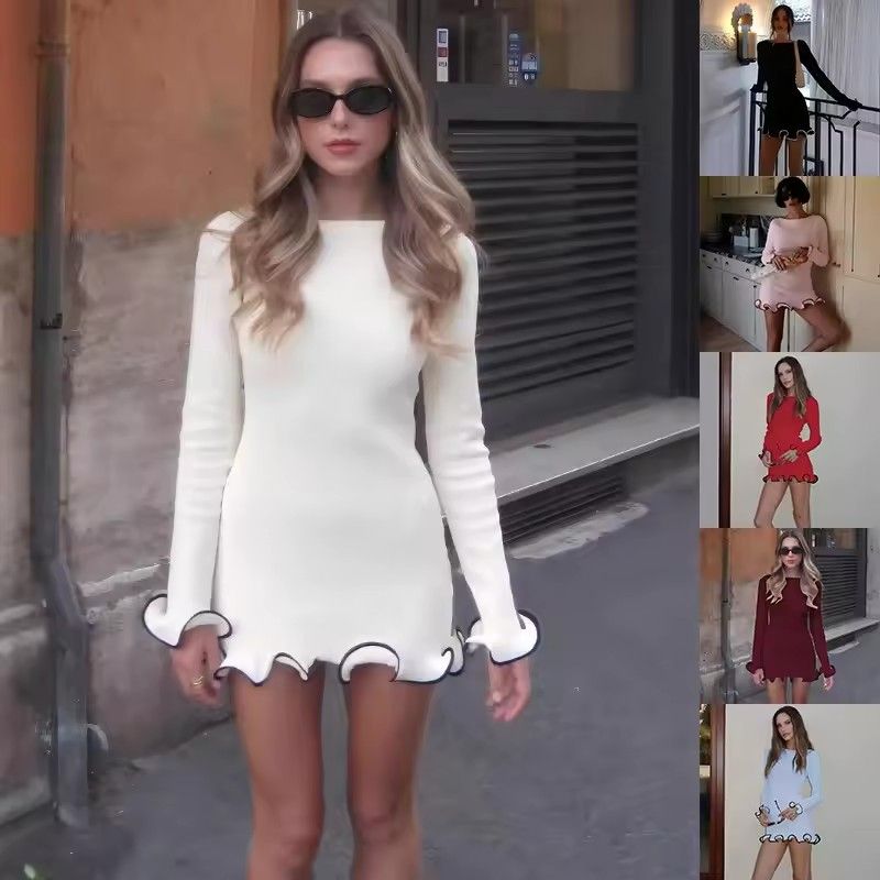 1PC New Knitted Ruffle High Waist Mini Dress Women's Sexy Slim Long Sleeve Short Skirt Bodycon Dress Fall Luxury Crochet Clothes