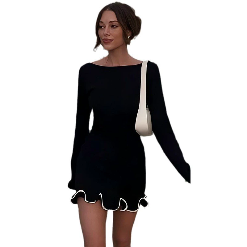 1PC New Knitted Ruffle High Waist Mini Dress Women's Sexy Slim Long Sleeve Short Skirt Bodycon Dress Fall Luxury Crochet Clothes