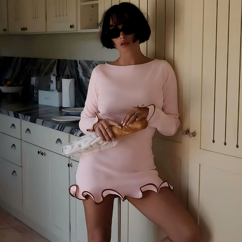 1PC New Knitted Ruffle High Waist Mini Dress Women's Sexy Slim Long Sleeve Short Skirt Bodycon Dress Fall Luxury Crochet Clothes