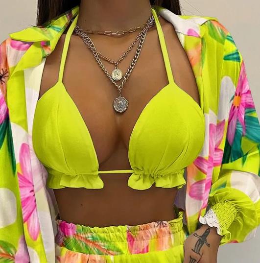 1Set  Women's Boho Pure Color Print Three-piece Set Beachwear Summer Fashion Floral Leaf Printed Beach Shorts