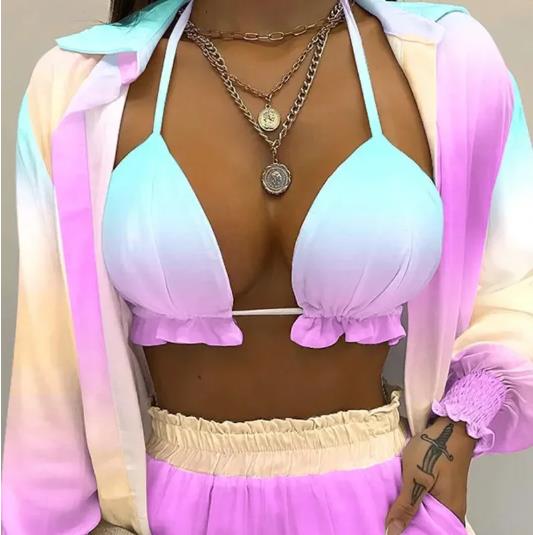 1Set  Women's Boho Pure Color Print Three-piece Set Beachwear Summer Fashion Floral Leaf Printed Beach Shorts