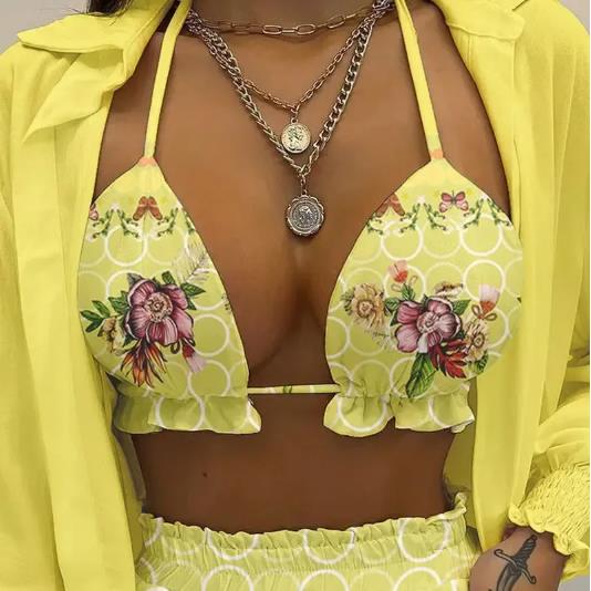 1Set  Women's Boho Pure Color Print Three-piece Set Beachwear Summer Fashion Floral Leaf Printed Beach Shorts