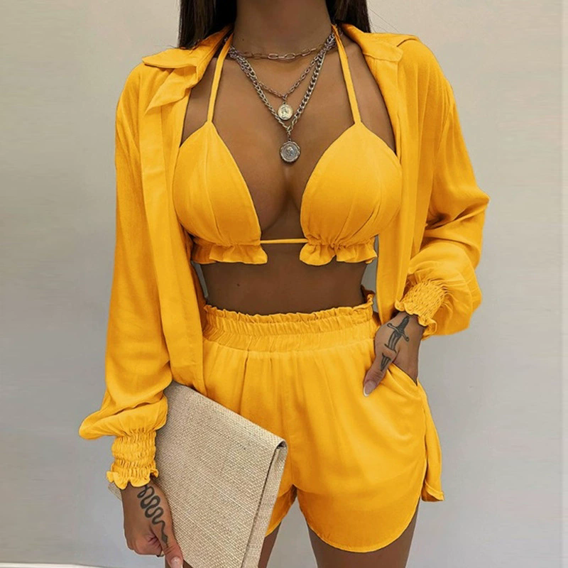 1Set  Women's Boho Pure Color Print Three-piece Set Beachwear Summer Fashion Floral Leaf Printed Beach Shorts