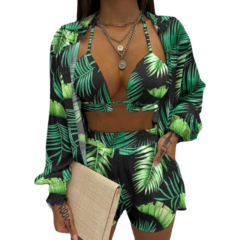 1Set  Women's Boho Pure Color Print Three-piece Set Beachwear Summer Fashion Floral Leaf Printed Beach Shorts