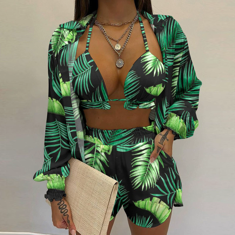 1Set  Women's Boho Pure Color Print Three-piece Set Beachwear Summer Fashion Floral Leaf Printed Beach Shorts