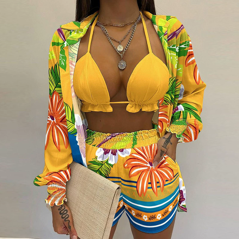 1Set  Women's Boho Pure Color Print Three-piece Set Beachwear Summer Fashion Floral Leaf Printed Beach Shorts