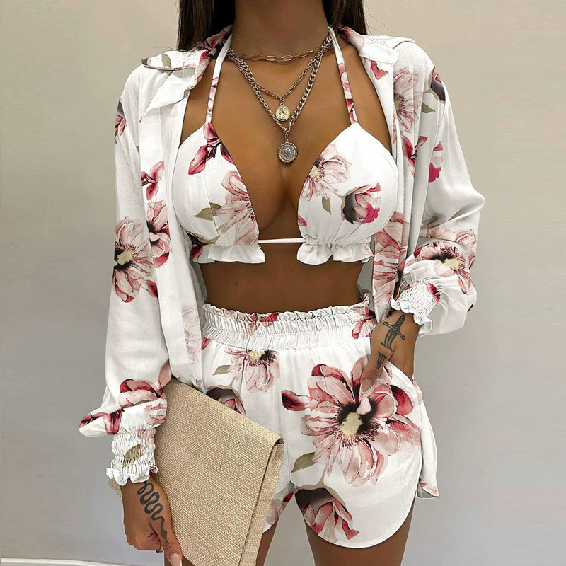 1Set  Women's Boho Pure Color Print Three-piece Set Beachwear Summer Fashion Floral Leaf Printed Beach Shorts