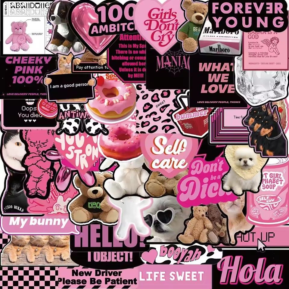 55PCS 3D Ins Pink Cool Girl Kawaii Stickers for DIY Waterproof Laptop Motorcycle Luggage Skateboard Bottle Kid Decals Sticker H-25