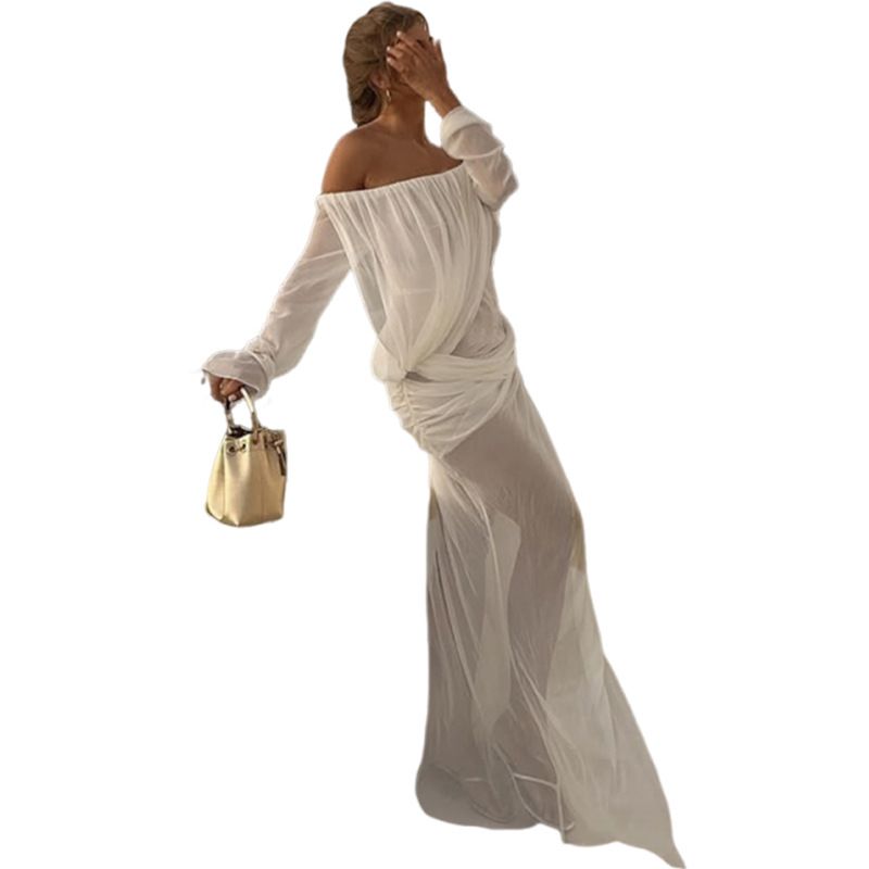 Nibber Sexy See Through Maxi Dress Women Long Sleeves High Slits One Shoulder Folds Beach Party Vacation Summer Elegant Vestidos