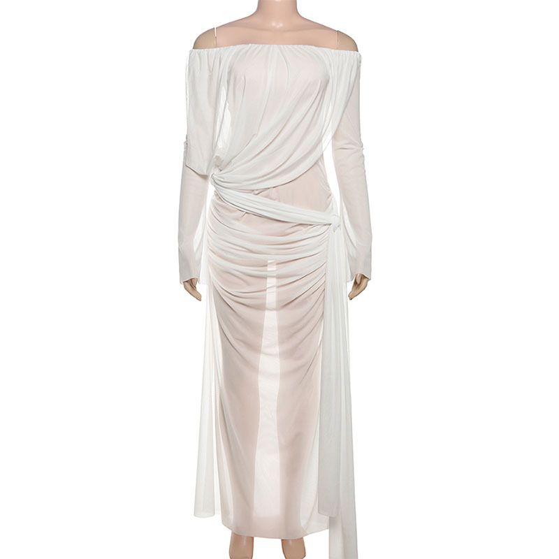 Nibber Sexy See Through Maxi Dress Women Long Sleeves High Slits One Shoulder Folds Beach Party Vacation Summer Elegant Vestidos