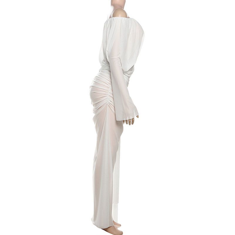 Nibber Sexy See Through Maxi Dress Women Long Sleeves High Slits One Shoulder Folds Beach Party Vacation Summer Elegant Vestidos