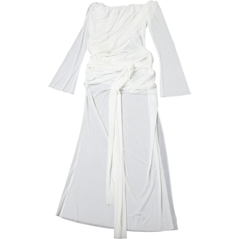 Nibber Sexy See Through Maxi Dress Women Long Sleeves High Slits One Shoulder Folds Beach Party Vacation Summer Elegant Vestidos