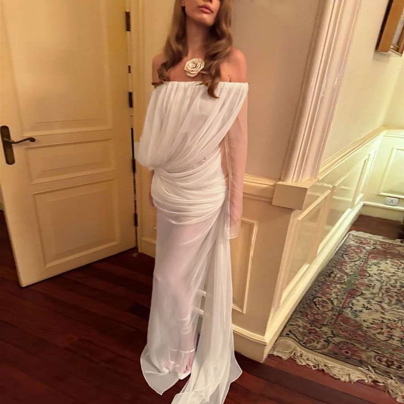 Nibber Sexy See Through Maxi Dress Women Long Sleeves High Slits One Shoulder Folds Beach Party Vacation Summer Elegant Vestidos