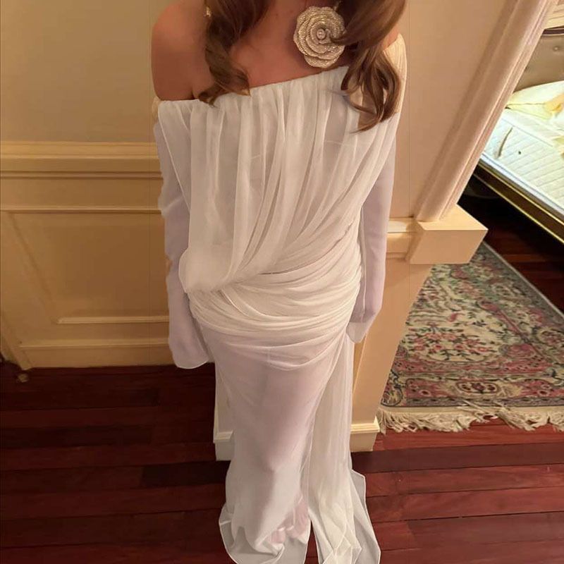 Nibber Sexy See Through Maxi Dress Women Long Sleeves High Slits One Shoulder Folds Beach Party Vacation Summer Elegant Vestidos