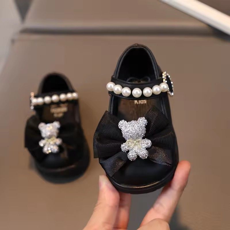Baby Girl Leather Shoes Kids Bow Pearl Princess Shoes Shallow Soft Sole Cute First Walkers Infant Toddler Cartoon Single Shoes