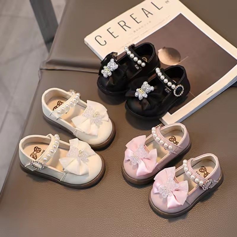 Baby Girl Leather Shoes Kids Bow Pearl Princess Shoes Shallow Soft Sole Cute First Walkers Infant Toddler Cartoon Single Shoes