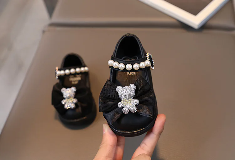Baby Girl Leather Shoes Kids Bow Pearl Princess Shoes Shallow Soft Sole Cute First Walkers Infant Toddler Cartoon Single Shoes