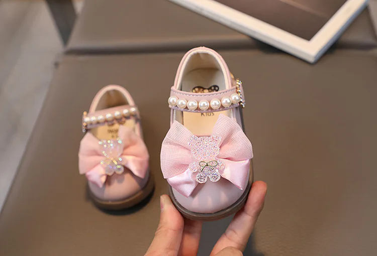 Baby Girl Leather Shoes Kids Bow Pearl Princess Shoes Shallow Soft Sole Cute First Walkers Infant Toddler Cartoon Single Shoes