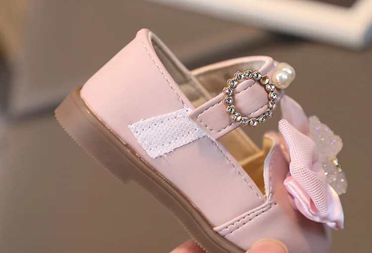 Baby Girl Leather Shoes Kids Bow Pearl Princess Shoes Shallow Soft Sole Cute First Walkers Infant Toddler Cartoon Single Shoes
