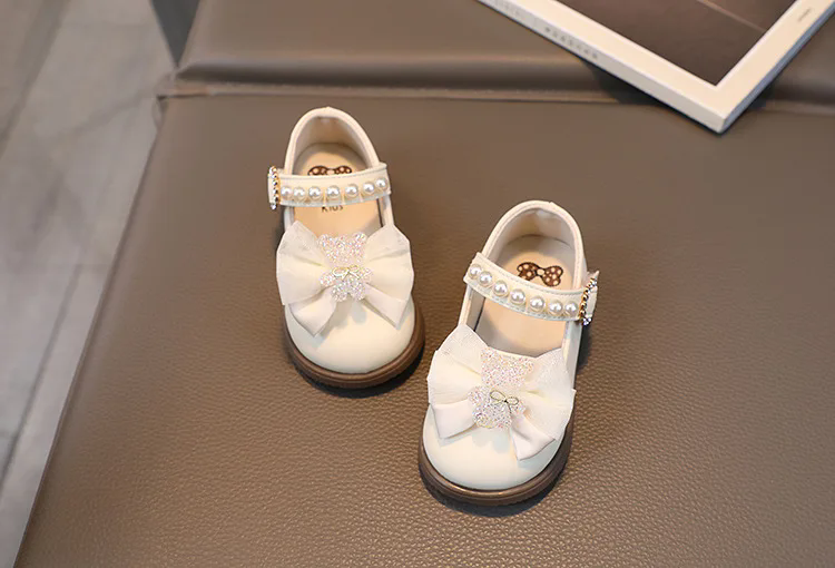 Baby Girl Leather Shoes Kids Bow Pearl Princess Shoes Shallow Soft Sole Cute First Walkers Infant Toddler Cartoon Single Shoes