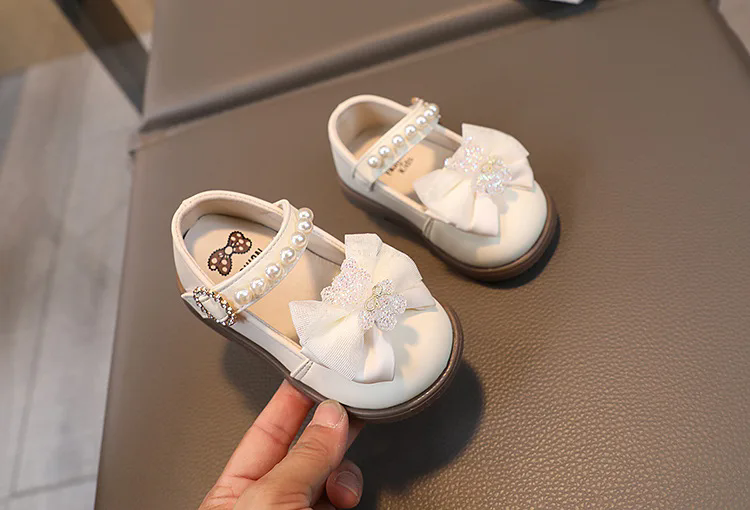 Baby Girl Leather Shoes Kids Bow Pearl Princess Shoes Shallow Soft Sole Cute First Walkers Infant Toddler Cartoon Single Shoes