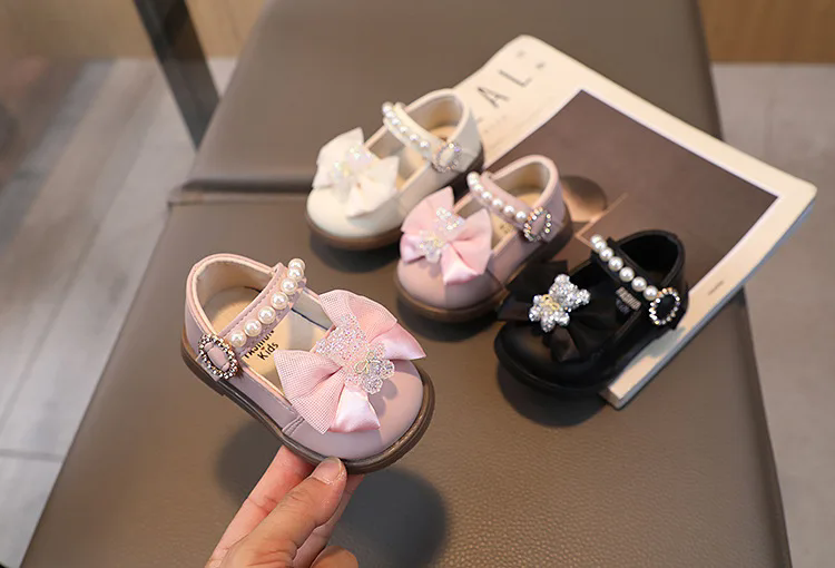 Baby Girl Leather Shoes Kids Bow Pearl Princess Shoes Shallow Soft Sole Cute First Walkers Infant Toddler Cartoon Single Shoes