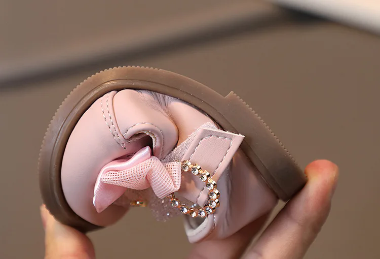 Baby Girl Leather Shoes Kids Bow Pearl Princess Shoes Shallow Soft Sole Cute First Walkers Infant Toddler Cartoon Single Shoes