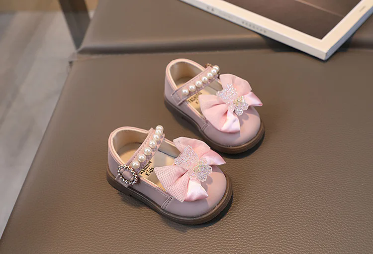 Baby Girl Leather Shoes Kids Bow Pearl Princess Shoes Shallow Soft Sole Cute First Walkers Infant Toddler Cartoon Single Shoes