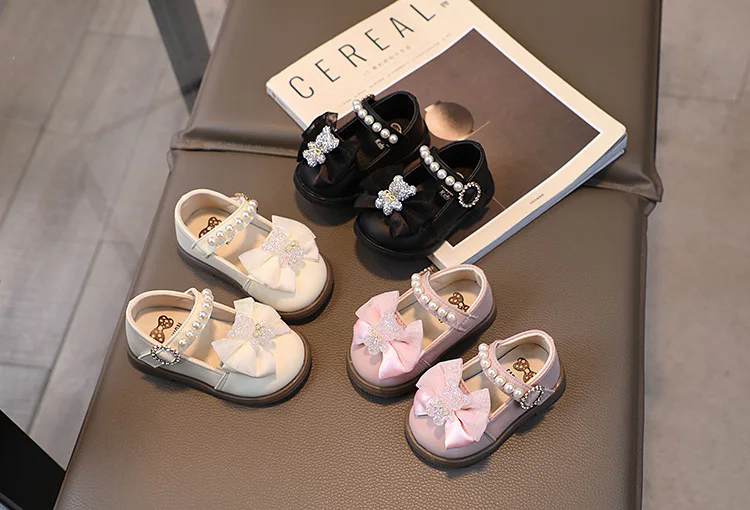 Baby Girl Leather Shoes Kids Bow Pearl Princess Shoes Shallow Soft Sole Cute First Walkers Infant Toddler Cartoon Single Shoes