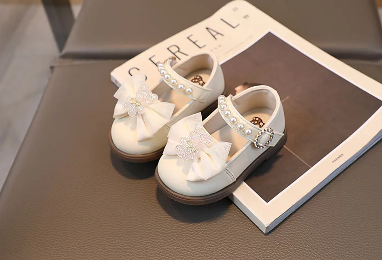 Baby Girl Leather Shoes Kids Bow Pearl Princess Shoes Shallow Soft Sole Cute First Walkers Infant Toddler Cartoon Single Shoes