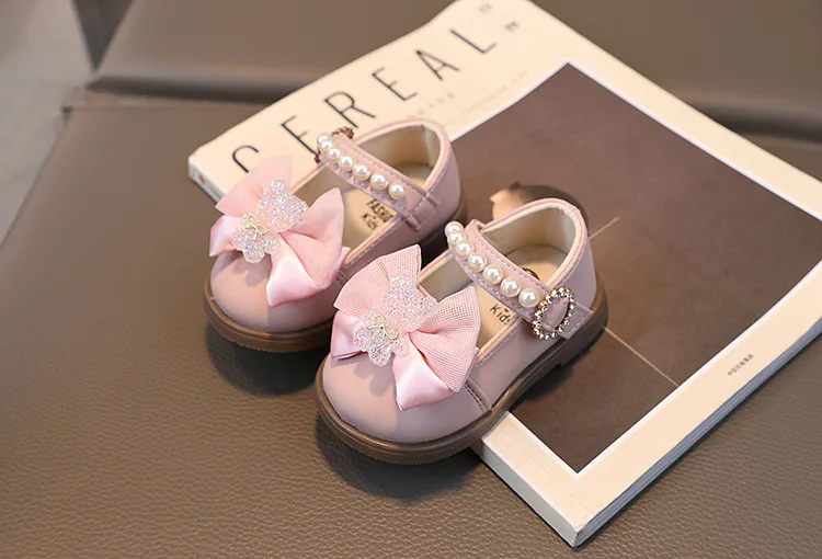 Baby Girl Leather Shoes Kids Bow Pearl Princess Shoes Shallow Soft Sole Cute First Walkers Infant Toddler Cartoon Single Shoes