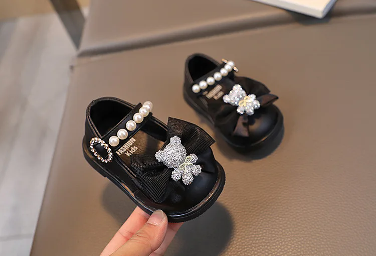 Baby Girl Leather Shoes Kids Bow Pearl Princess Shoes Shallow Soft Sole Cute First Walkers Infant Toddler Cartoon Single Shoes