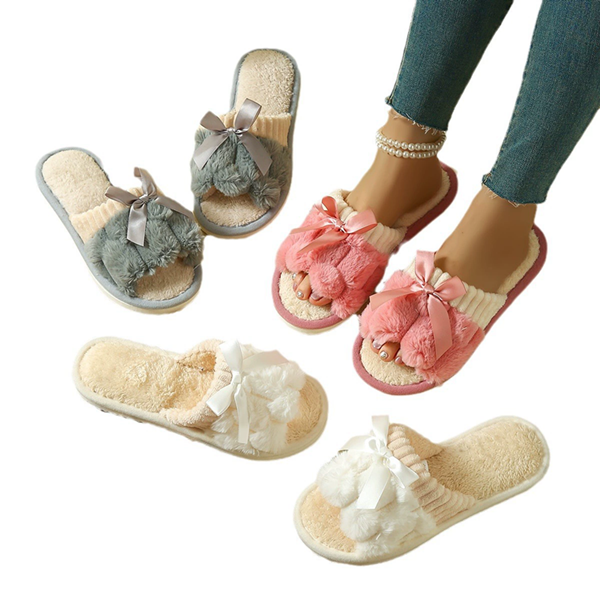 Autumn Winter Women Fashion Indoor Plush Bow Slippers Females New Lovely Bowknot Slides Men Home Cute Warm Fluffy Light Sandals