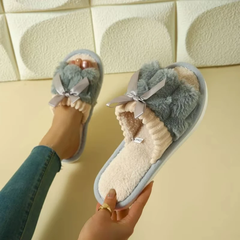 Autumn Winter Women Fashion Indoor Plush Bow Slippers Females New Lovely Bowknot Slides Men Home Cute Warm Fluffy Light Sandals