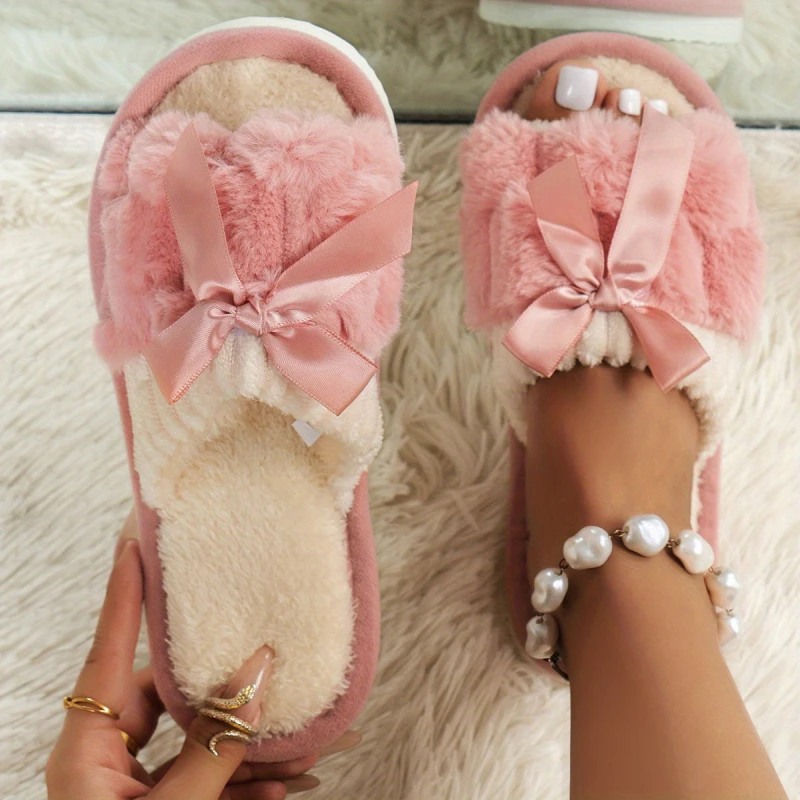 Autumn Winter Women Fashion Indoor Plush Bow Slippers Females New Lovely Bowknot Slides Men Home Cute Warm Fluffy Light Sandals
