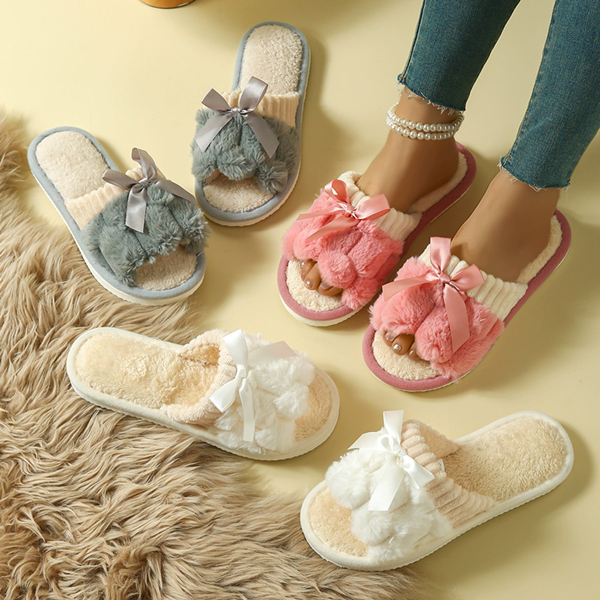Autumn Winter Women Fashion Indoor Plush Bow Slippers Females New Lovely Bowknot Slides Men Home Cute Warm Fluffy Light Sandals