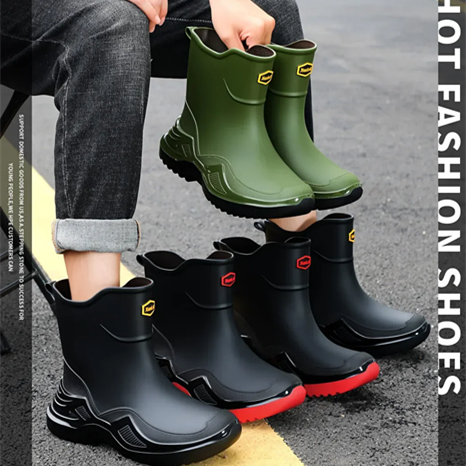 Classic Korean Black Anti-Slip Men's Rubber Boots Short Tube Sports Style Thickened Environmental Protection Water Shoes Zapatos